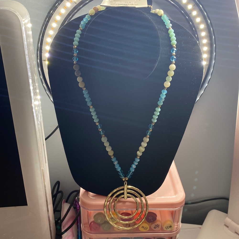 Long blue beaded necklace